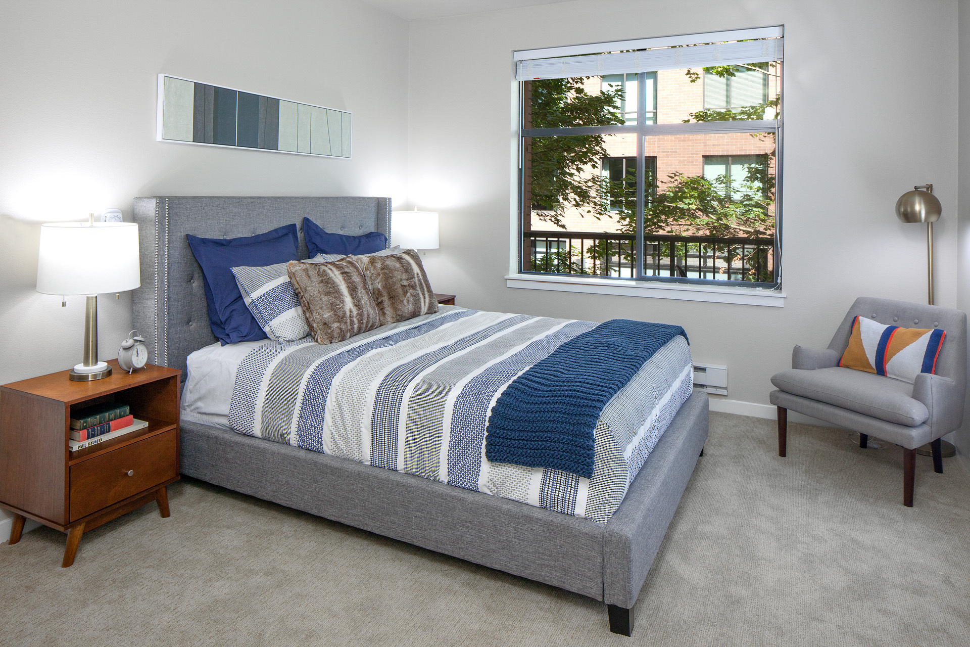 kearney portland model suite bedroom blue grey bed