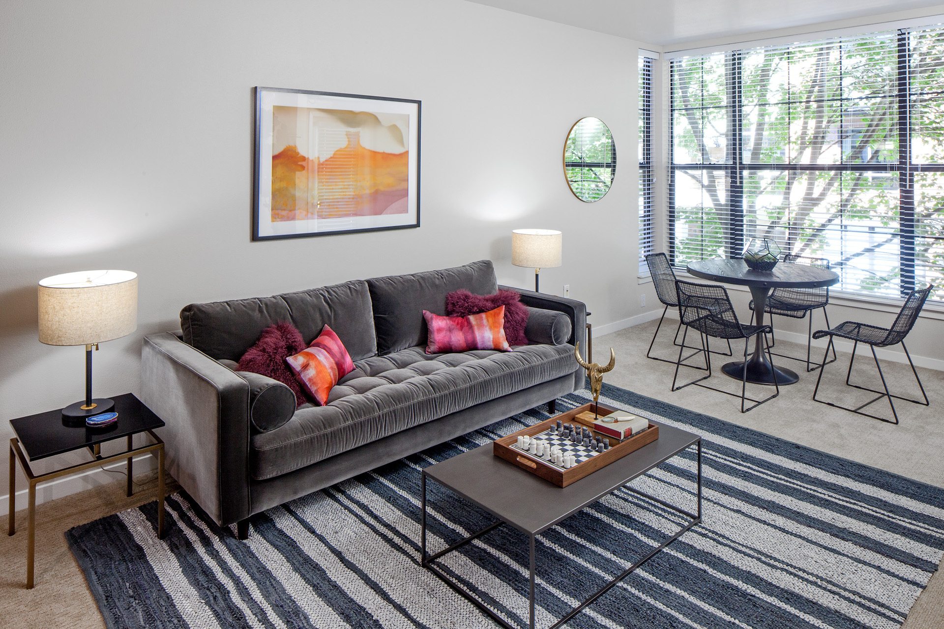 kearney portland model suite living room grey couch